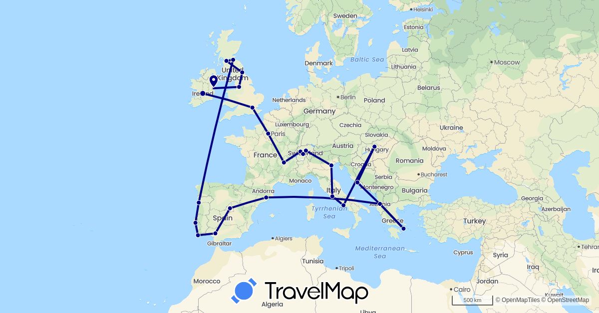 TravelMap itinerary: driving in Albania, Switzerland, Spain, France, United Kingdom, Greece, Croatia, Hungary, Ireland, Italy, Portugal (Europe)